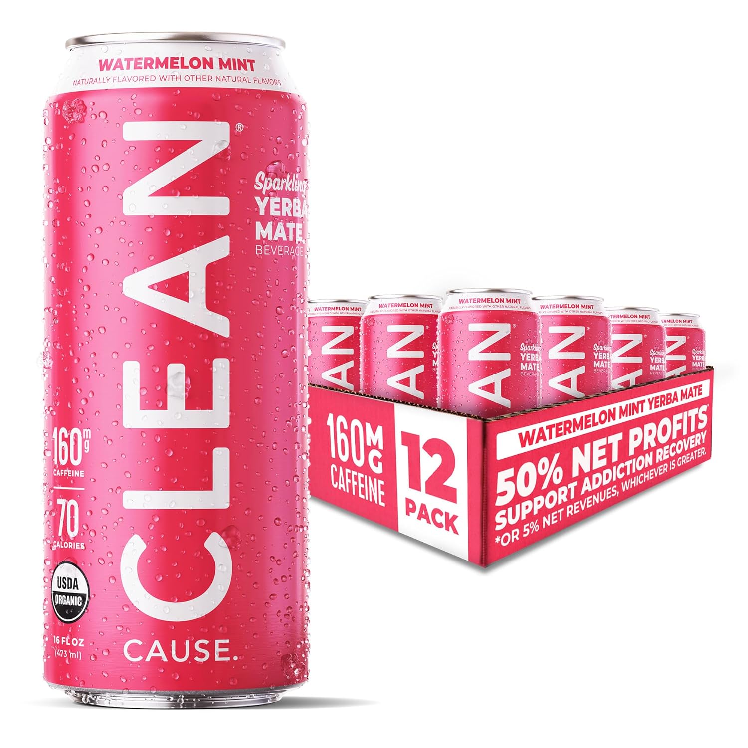 Clean Cause Low Calorie Watermelon Mint Sparkling Yerba Mate Tea, 160Mg Caffeine, Organic, Low Sugar, Healthy Alternative To Energy Drinks (16Oz Cans, 12-Pack Case)