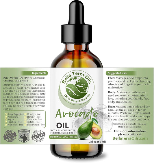 Bella Terra Oils - Avocado Oil 2oz - Celebrate Avocado's Nutritional Legacy, Infused with Monounsaturated Fats, A Delight for Cosmetic Uses