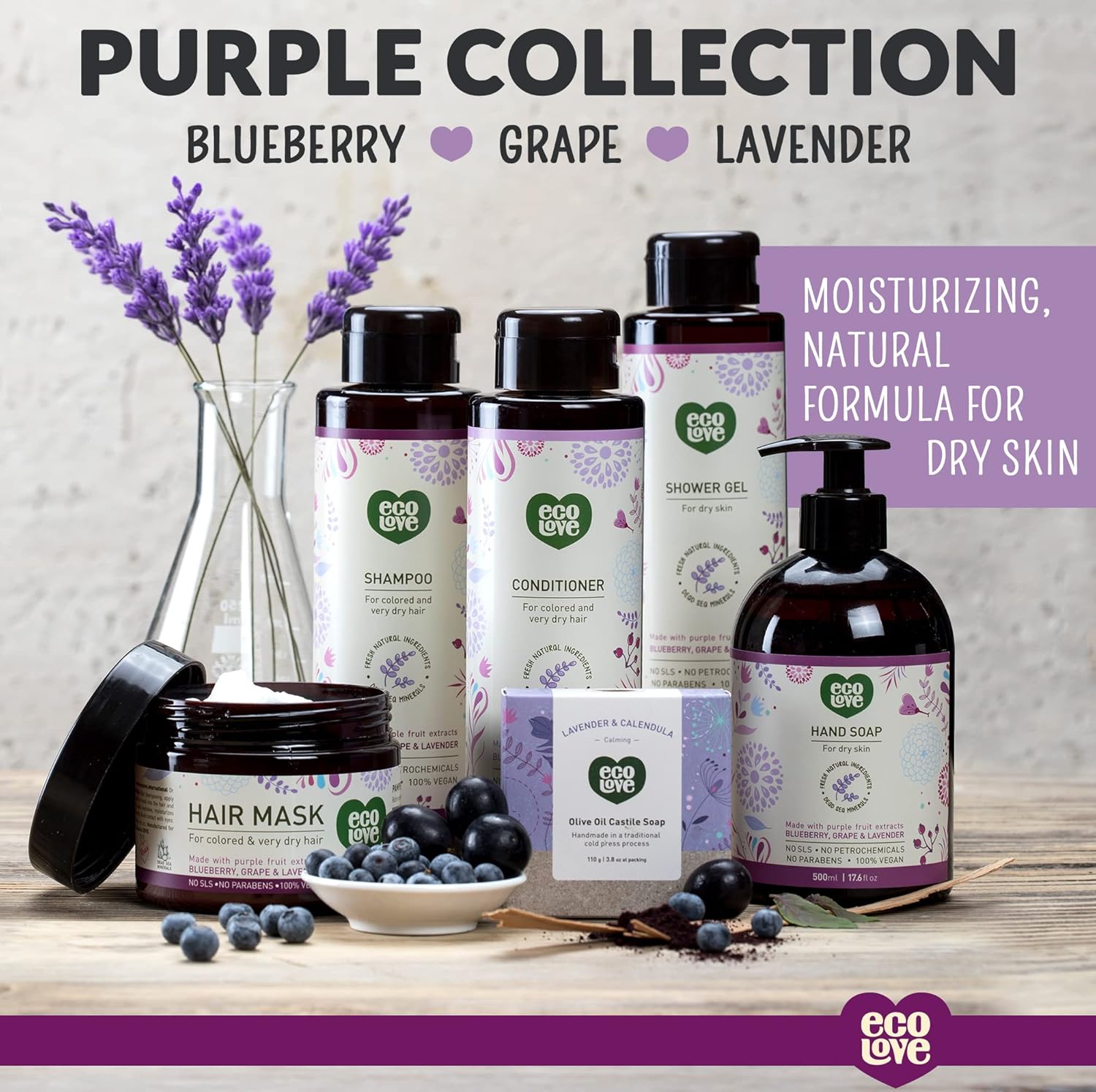 Ecolove - Natural Moisturizing Body Wash For Dry Skin - Organic Blueberry, Grape & Lavender - No Sls Or Parabens - Vegan And Cruelty-Free Shower Gel, 17.6 Oz : Beauty & Personal Care