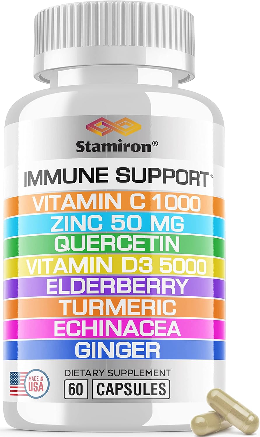 8 in 1 Immune Support with Quercetin Zinc 50mg Vitamin C 1000mg Vitamin D3 5000 IU and Elderberry Echinacea Ginger for Adults Kids - VIT D Immunity Defense Booster Supplement Veg Capsules Made in USA