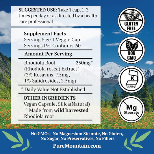 Pure Mountain Botanicals Rhodiola Rosea Supplement - 60 Kosher Vegan Capsules With 250Mg Rhodiola Root Extract