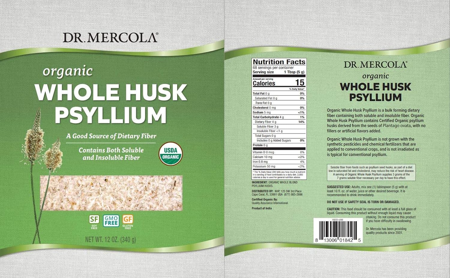 Dr. Mercola Organic Whole Husk Psyllium Dietary Supplement, 68 Servings (12 Ounces), Good Source of Dietary Fiber, Supports Digestive Health, Non GMO, Gluten Free, Soy Free, USDA Organic : Health & Household