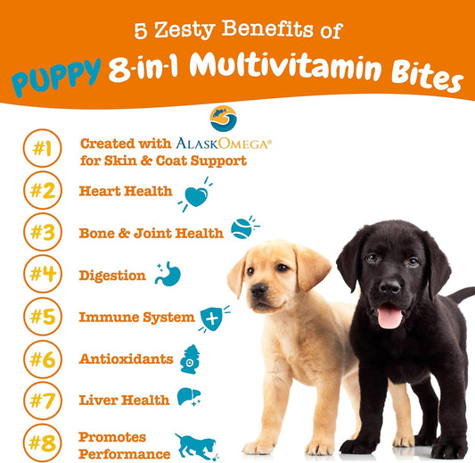 Zesty Paws Multivitamin Treats for Dogs - Glucosamine Chondroitin for Joint Support + Digestive Enzymes & Probiotics - Grain Free Dog Vitamin for Skin & Coat + Immune Health - Puppy - 90 Count
