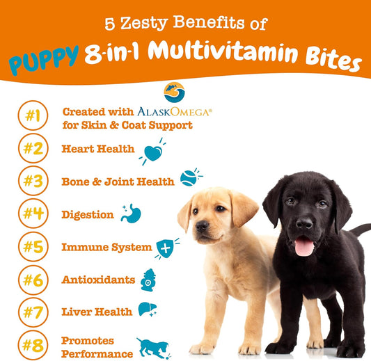 Zesty Paws Multivitamin Treats For Dogs - Glucosamine Chondroitin For Joint Support + Digestive Enzymes & Probiotics - Grain Free Dog Vitamin For Skin & Coat + Immune Health - Puppy - 90 Count