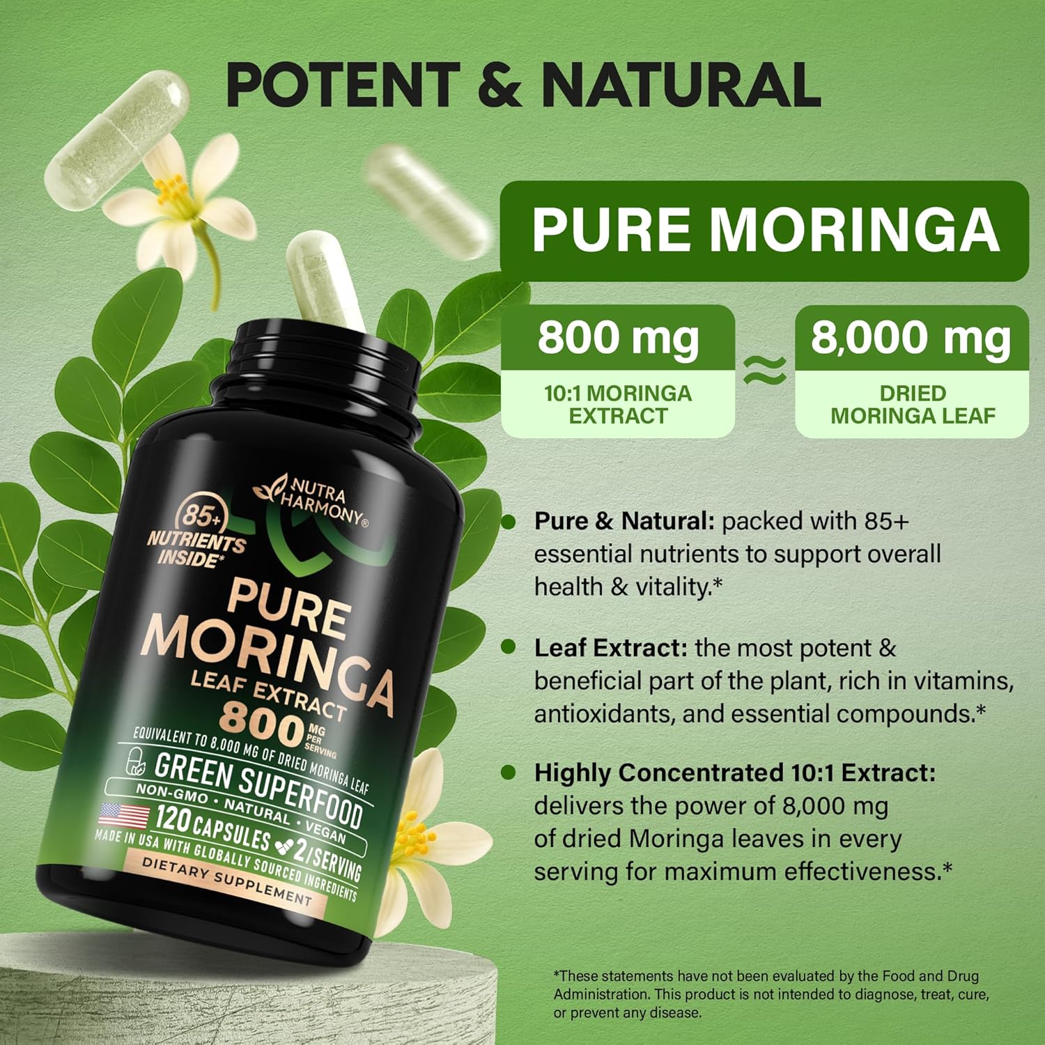 Buy Moringa Capsules 800Mg - Pure Moringa Leaf Powder - Extra Strength 10:1 Extract - Superfood Antioxidant For Cortisol Level, Energy & Joint Support - Natural Vegan, Non-Gmo - Made In Usa - 120 Capsules On  Free Shipping On Qualified Orders