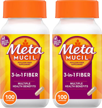 Metamucil, Psyllium Husk Fiber Supplement, 3-in-1 Fiber for Digestive Health, Plant Based Fiber, 100 Capsules (Pack of 2)