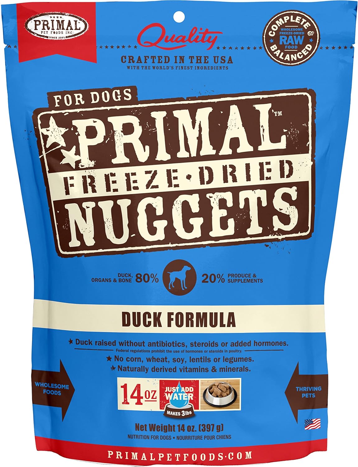 Primal Freeze Dried Dog Food Nuggets, Duck; Complete & Balanced Meal; Also Use as Topper or Treat; Premium, Healthy, Grain Free, High Protein Raw Dog Food, 14 oz