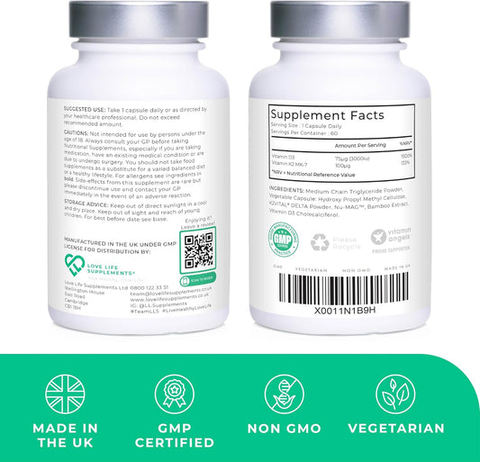 Vitamin D3 K2 And Mct Powder For Superior Absorption | Includes K2Vital® Mk-7 - A Premium Form Of K2 | 60 Capsules | 3000Iu D3 + 100µg K2 | Love Life Supplements - Premium Uk Supplements