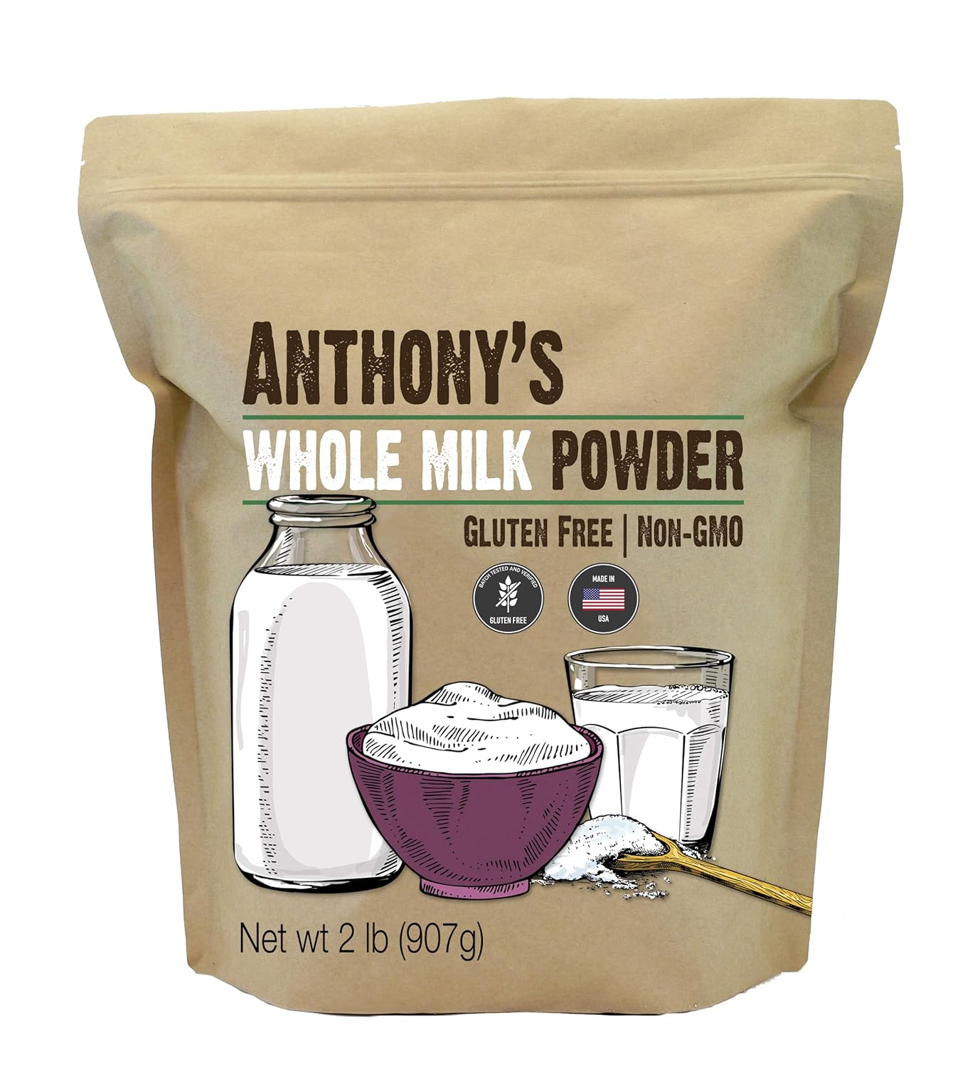 Anthony'S Whole Milk Powder, 2 Lb, Gluten Free, Non Gmo, Made In Usa