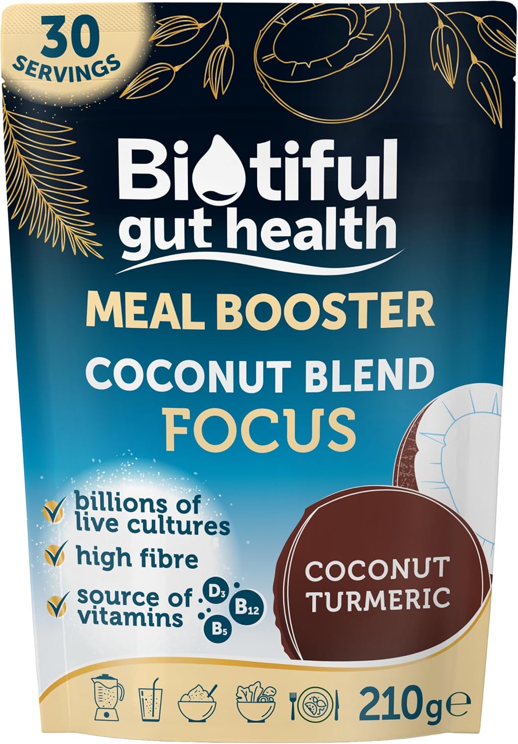 Gut Health, Super Food, Meal Booster, 34 Billion Probiotics, Prebiotic Fibre, Source Of Vitamins D3 B5 B12, Greens Powder Alternative, Vegan Friendly, Gluten Free, Coconut & Turmeric, 30 Servings