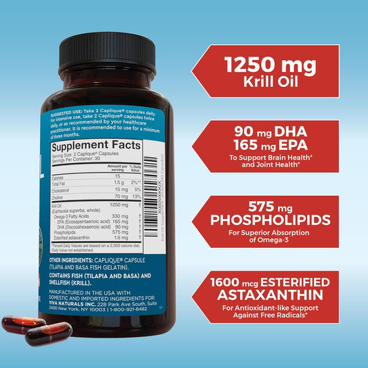 Antarctic Krill Oil 1250 mg, Omega 3 EPA DHA and Astaxanthin, Joint Support and Brain Supplement with Antioxidant Properties, No Fishy Aftertaste (6 Pack)