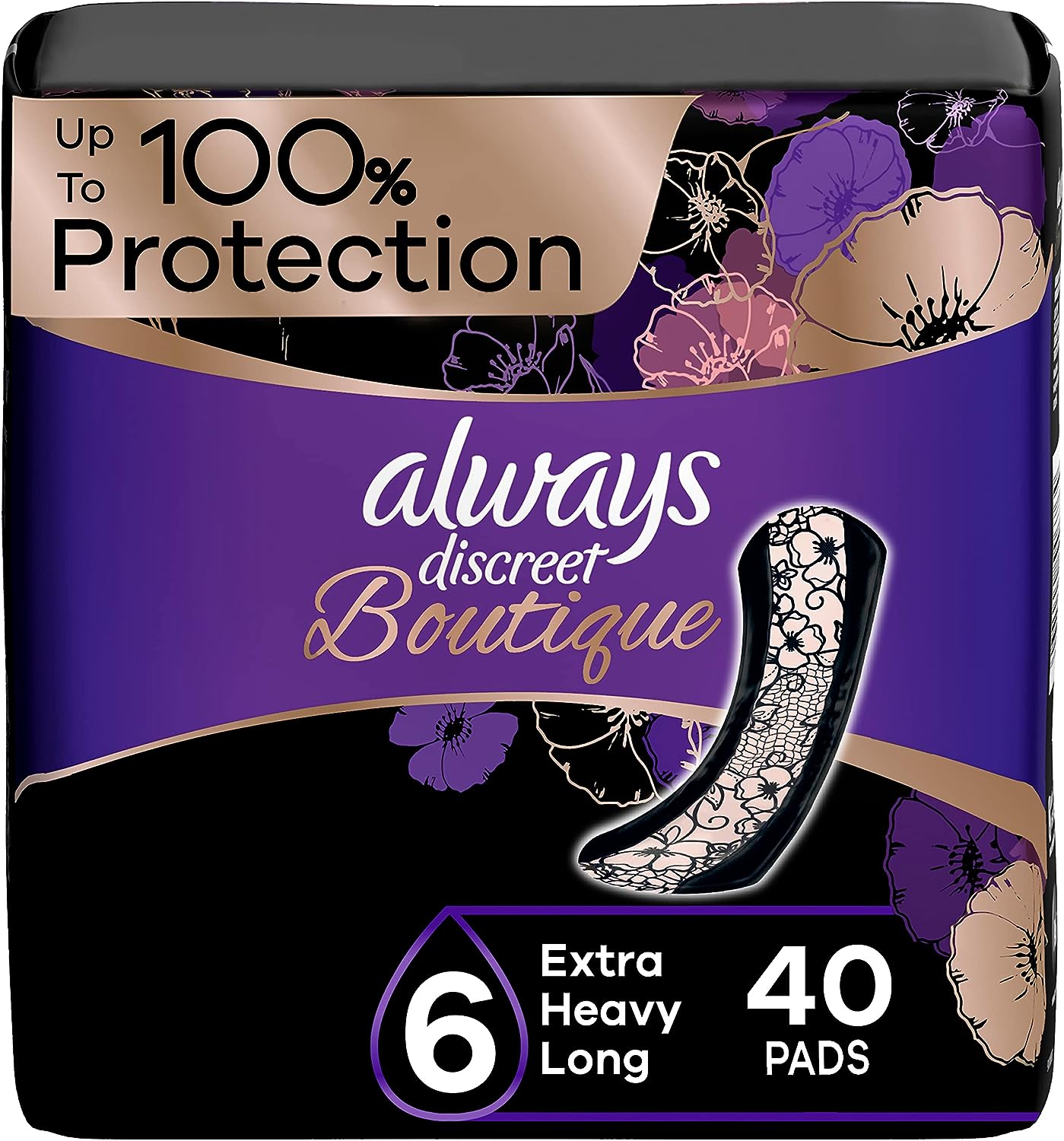 Always Discreet Boutique Incontinence Pads, for Bladder Leaks, Extra Heavy Absorbency, Long Length, 40 CT