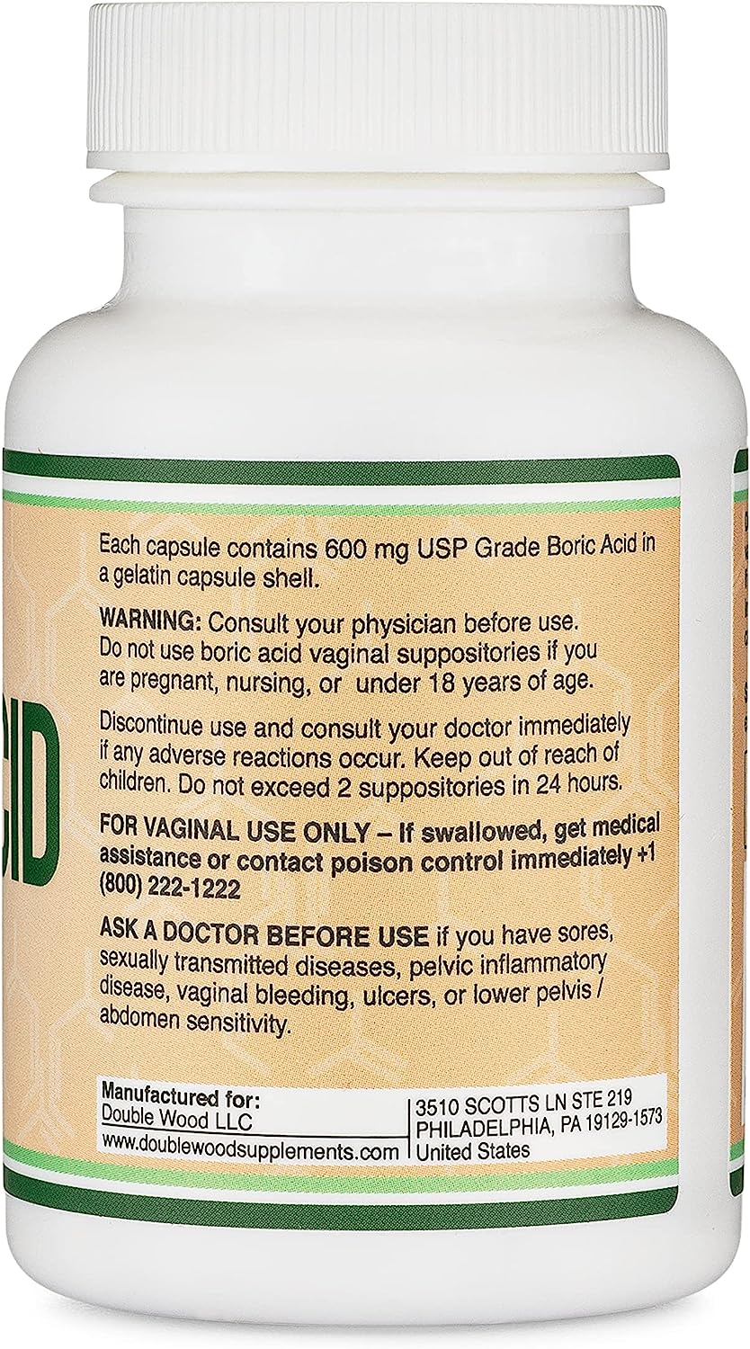 Boric Acid Suppositories (600mg Vaginal Suppository, 60 Count) Supports Vaginal pH Balance, Odor Control (USP Medical Grade Fine Powder, Easy Dissolve, Third Party Tested) by Double Wood : Health & Household