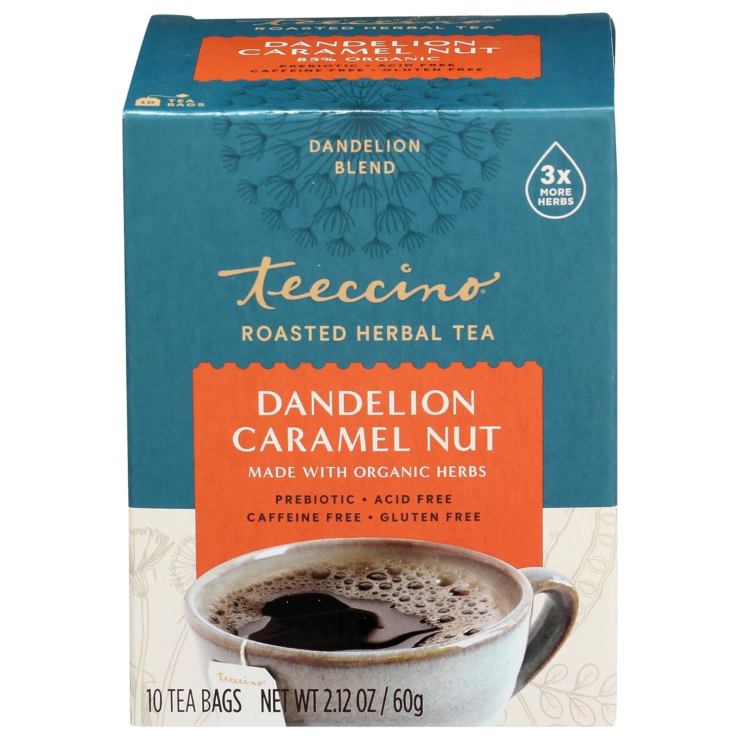 Teeccino Dandelion Caramel Nut Tea - Caffeine Free, Roasted Herbal Tea With Prebiotics, 3X More Herbs Than Regular Tea Bags, Gluten Free - 10 Tea Bags