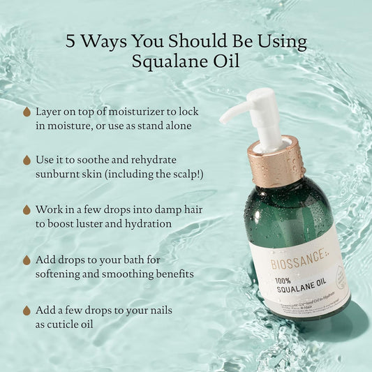 Biossance 100% Squalane Oil - Sustainable, Vegan Face Oil & Body Oil - Hydrating, Fast-Absorbing Moisturizer - Ideal For Oily Skin, Face, Hair - Organic Sugarcane-Derived Squalane, 3.3 Ounces