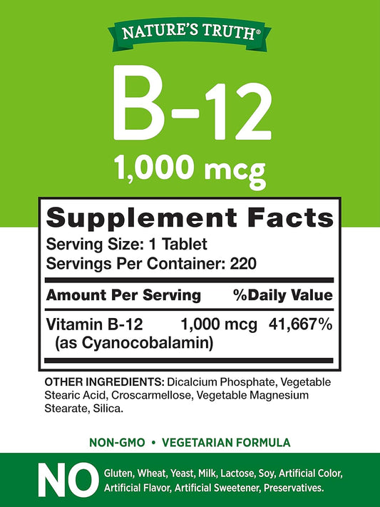 Nature'S Truth B12 Vitamin Tablets | 1000 Mcg | 220 Count | Non-Gmo & Gluten Free Supplement