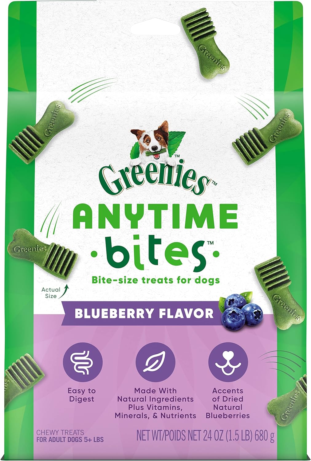 Greenies Anytime Bites Dog Treats, Blueberry Flavor, 24 oz. Bag