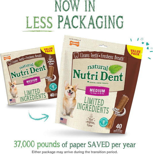 Nylabone Nutri Dent Dog Dental Treats - Natural Dog Teeth Cleaning & Breath Freshener - Dental Treats For Dogs - Filet Mignon Flavor, Medium (40 Count)