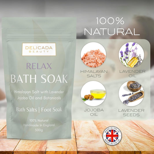 Bath Salts | Foot Soak | Himalayan Salts With Lavender And Jojoba Essential Oils | Treat Aches | Muscle Recovery | Tired Feet | Nail Care | Cotton Bag & Wooden Scoop | (500G) (Relax)