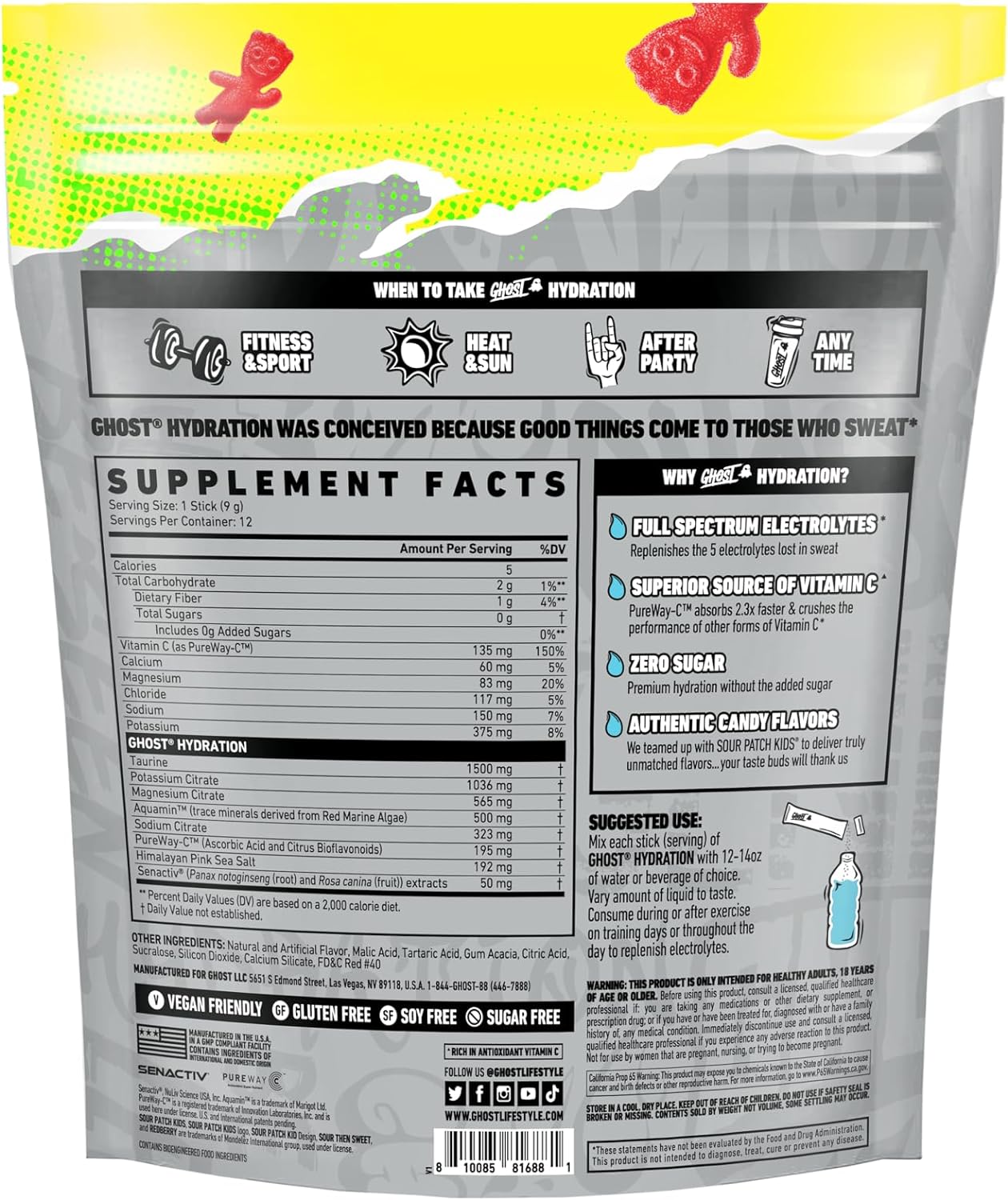 GHOST Hydration Packets, Sour Patch Kids Redberry, 12 Sticks, Electrolyte Powder - Drink Mix Supplement with Magnesium, Potassium, Calcium, Vitamin C - Vegan, Free of Soy, Sugar & Gluten : Health & Household