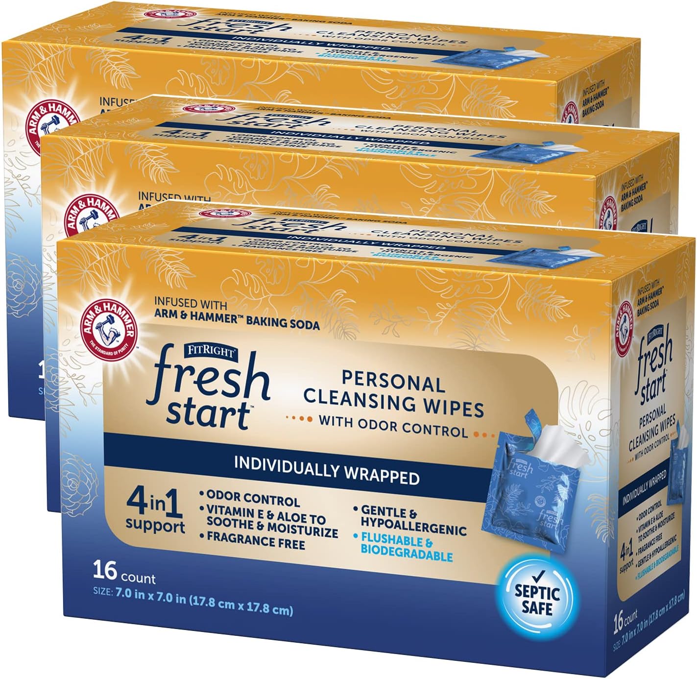 Fitright Fresh Start On-The-Go Flushable Wipes (48 Count), Personal Cleansing Wipes, Individually Wrapped Sachets For Urinary Incontinence With The Odor-Control Power Of Arm & Hammer Baking Soda