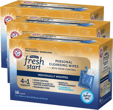 Fitright Fresh Start On-The-Go Flushable Wipes (48 Count), Personal Cleansing Wipes, Individually Wrapped Sachets For Urinary Incontinence With The Odor-Control Power Of Arm & Hammer Baking Soda