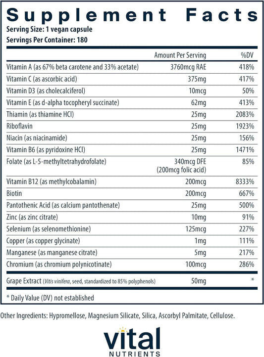 Vital Nutrients Minimal And Essential Multivitamin Vegetarian One Per Day Multi Vitamin, Mineral, & Antioxidant Supplement* Iron-Free Gluten, Dairy, Soy Free Non-Gmo