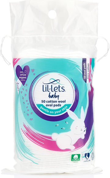 Lil-Lets Baby Cotton Wool Oval Pads, Certified Organic, 100% Pure Cotton Wool, Soft and Absorbent, Gentle on Baby's Delicate Skin, Dermatologically Tested, Ideal for Newborns, Pack of 50 Oval Pads