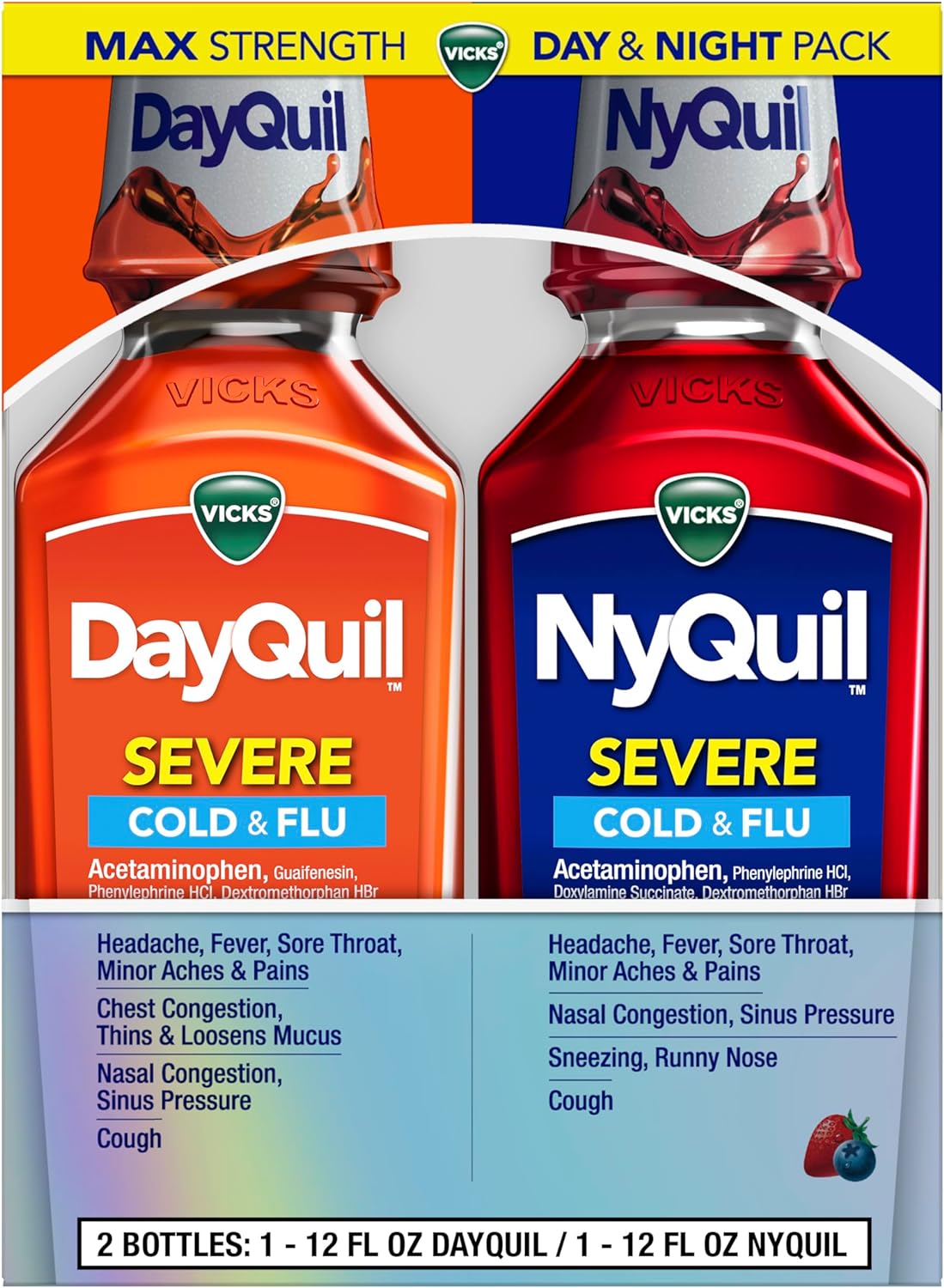 Vicks Dayquil & Nyquil Severe Cold & Flu Medicine, Relief For Headache, Fever, Sore Throat, Minor Aches & Pains, Nasal Congestion, Sinus Pressure, Stuffy Nose, And Cough, Co-Pack, 2 X 12 Oz