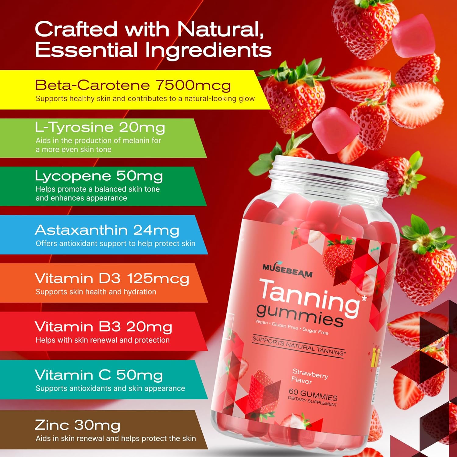 Musebeam Tanning Gummies For Women - Daily Self Tan Chews That Work Fast Without Sun - Sunless Tan Skin Health Glow Up Sugar Free Vegan Oral Melanin Supplement With Beta Carotene Astaxanthin Lycopene : Health & Household