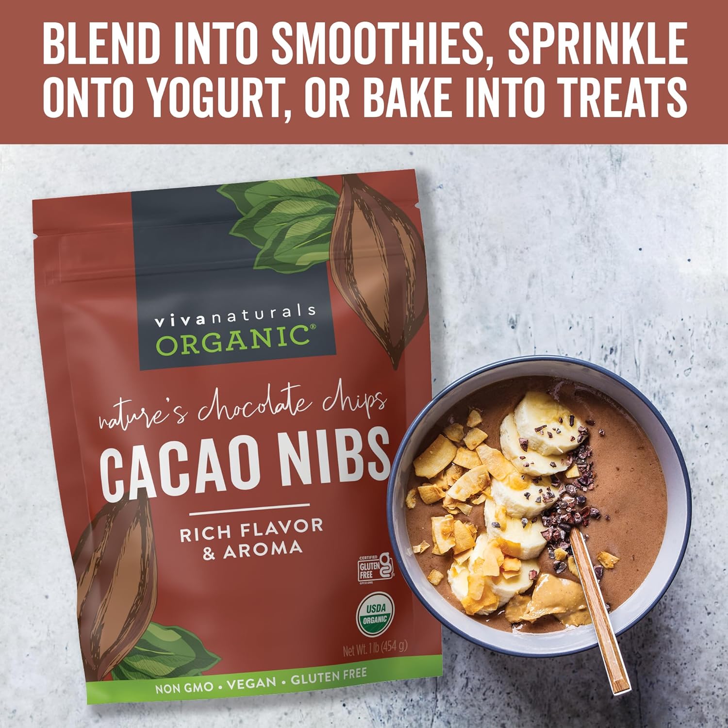 Viva Naturals Organic Cacao Nibs, 1 Lb - Certified Keto and Vegan Superfood, Perfect for Gluten Free Baking, Cacao Nib Smoothies and Healthy Snacks, Premium Criollo Beans, Non-GMO : Everything Else