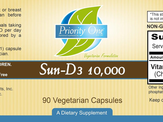 Priority One Vitamins Sun D3 10,000 90 Vegetarian Capsules - The Most bioavailable Form of Vitamin D (cholecalciferol)