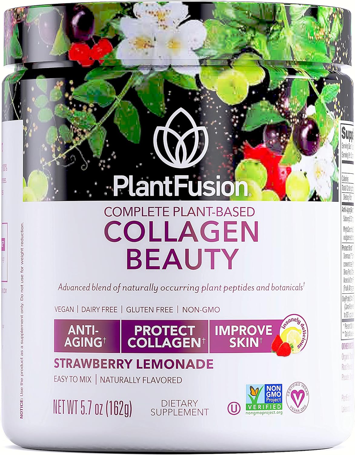 PlantFusion Vegan Collagen Beauty - Vegan Collagen Powder for Women - Hair Skin and Nails Vitamins - Gluten Free, Non-GMO, Non-Dairy (Strawberry Lemonade 18 Servings)