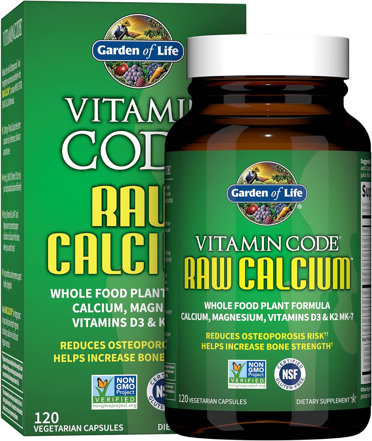 Garden Of Life Raw Calcium Supplement For Women And Men - Vitamin Code Made From Whole Foods With Magnesium, K2, Vitamin D3 And Vitamin C, For Bone Strength, Probiotics For Digestion, 120 Capsules