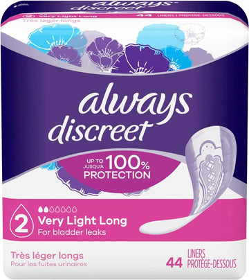 Always Discreet Incontinence Liners for Women, Very Light Absorbency, Long Length, 44 Count