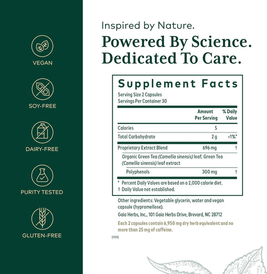 Gaia Herbs Pro Green Tea - Green Tea Herbal Supplement For Heart Health - With Organic Green Tea Leaf And Extract - 60 Vegan Liquid Phyto-Capsules (30 Servings)