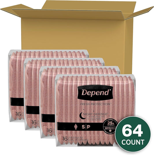 Depend Night Defense Adult Incontinence & Postpartum Bladder Leak Underwear For Women, Disposable, Overnight, Small, Blush, 64 Count (4 Packs Of 16), Packaging May Vary