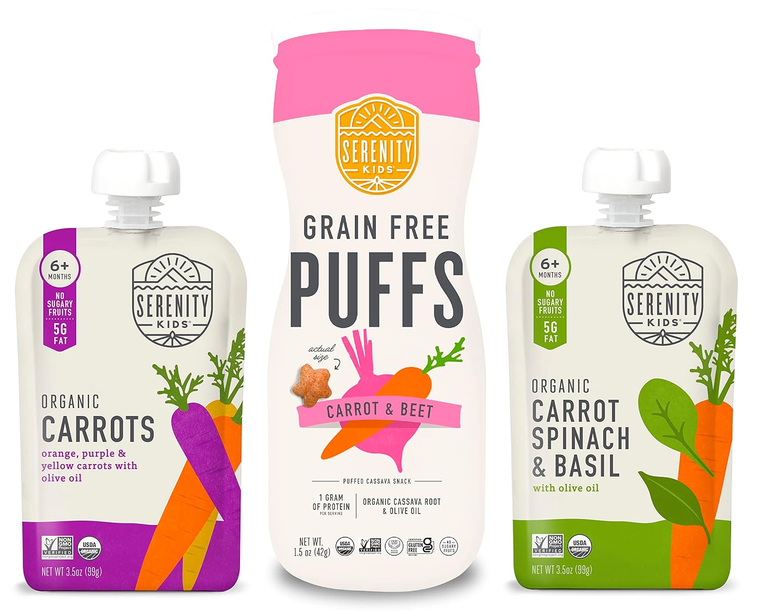 Serenity Kids We Carrot Bout Kids | 6 Each Of Organic Carrot Medley Pouches, Carrot Spinach & Basil Pouches, And Carrot & Beet Puffs (18 Count)
