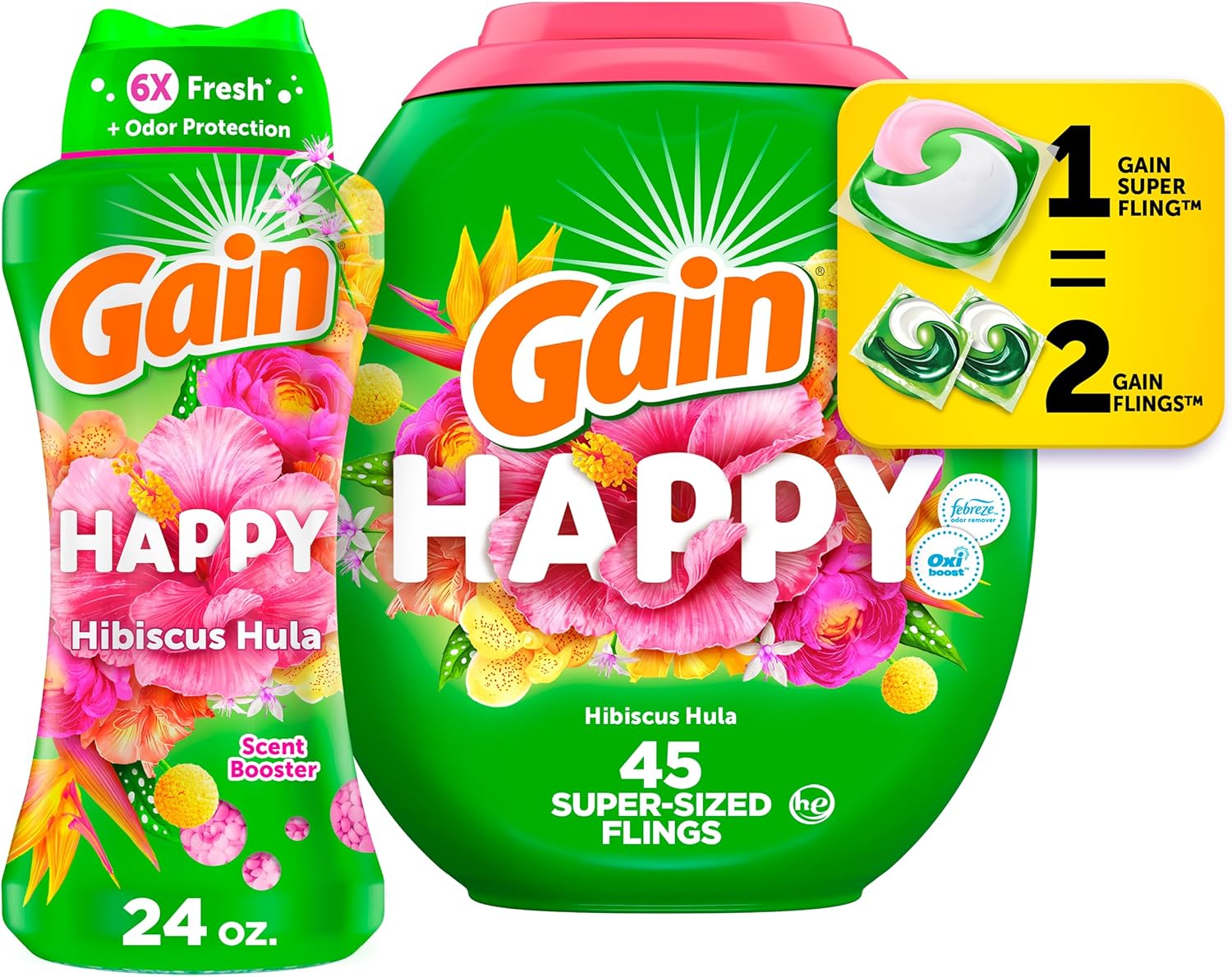 Gain Happy Laundry Bundle: Gain Super Sized Flings Laundry Detergent Pacs, 3-In-1 Detergent Pacs With Febreze And Oxi, 45 Count + Gain In-Wash Laundry Scent Booster Beads, 24 Oz, Hibiscus Hula Scent