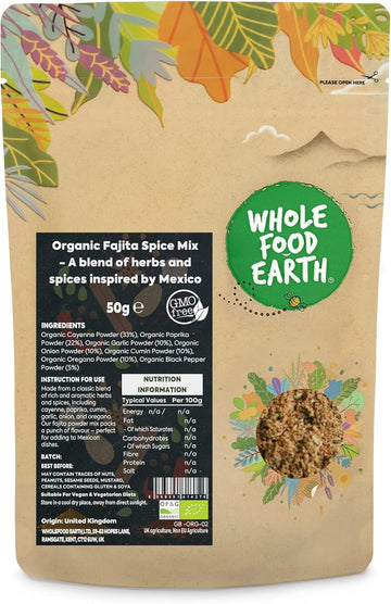 Wholefood Earth Organic Fajita Spice Mix - A Blend Of Herbs And Spices Inspired By Mexico 50 G | Gmo Free | Certified Organic