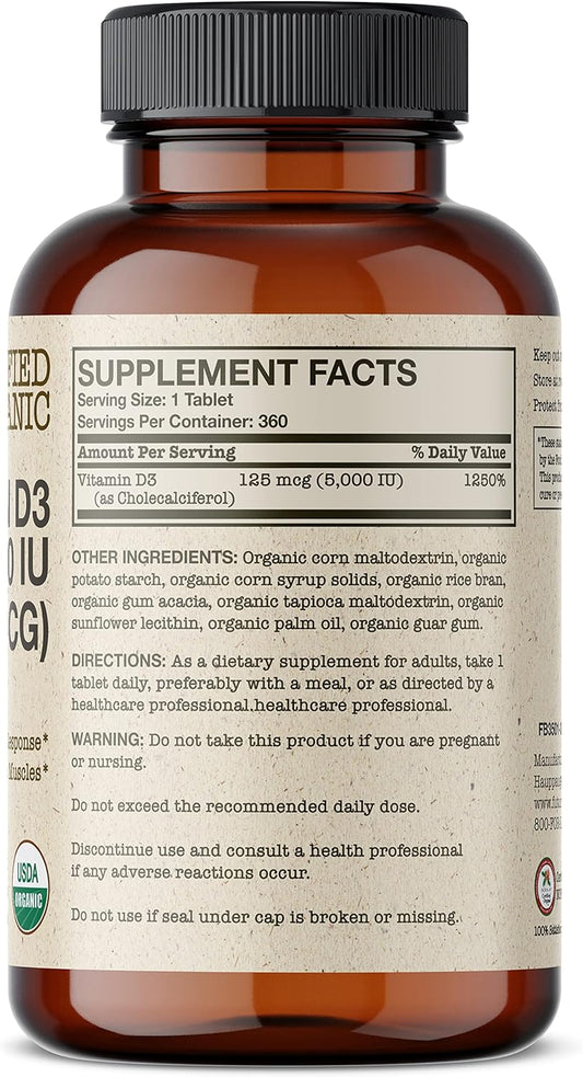 Futurebiotics Vitamin D3 5,000 IU (125 MCG) Supports a Healthy Immune Response, Helps Maintain Strong Bones and Muscles, 360 Organic Tablets (1 Year Supply)