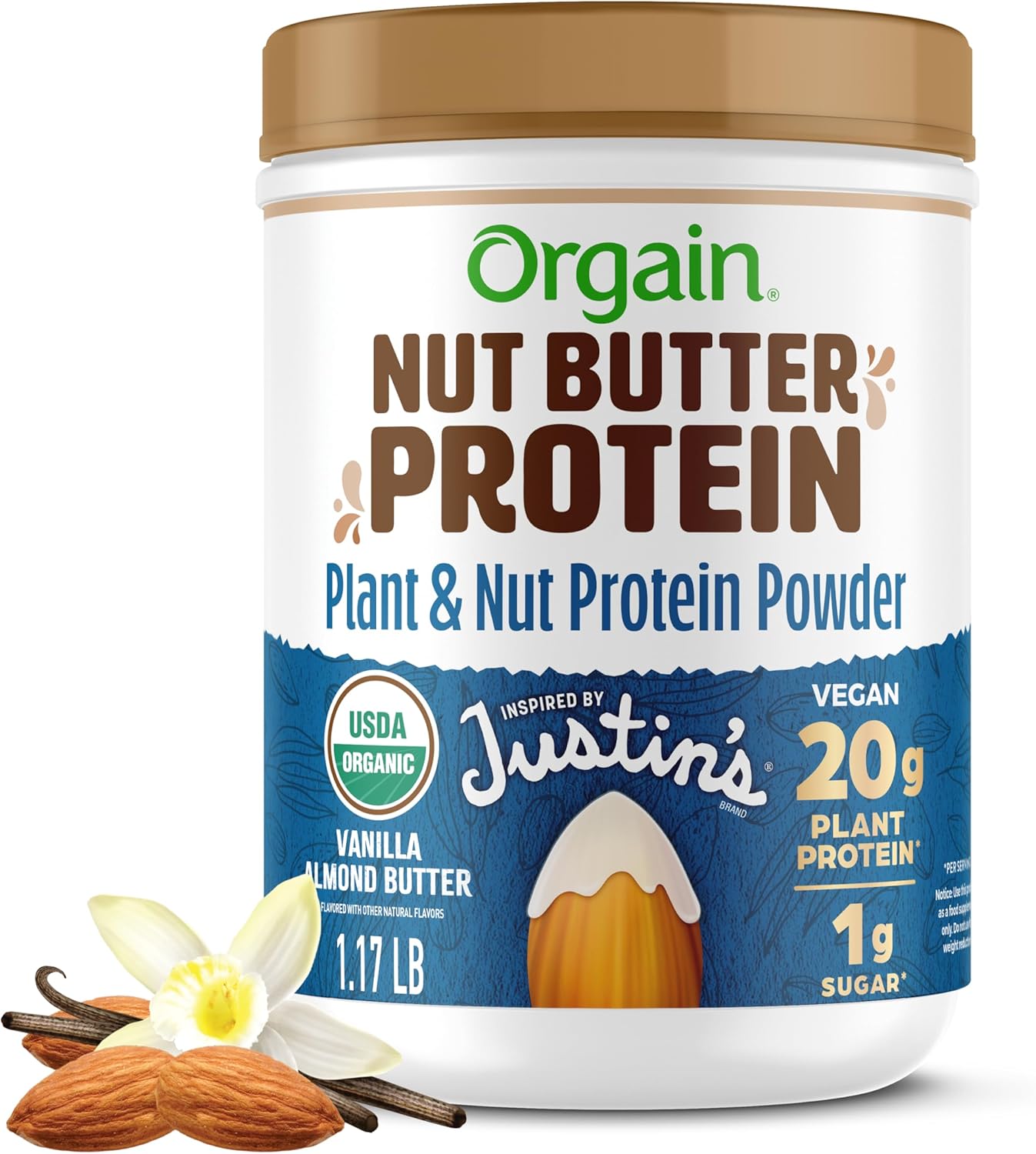 Orgain X Justin'S ® Organic Vegan Nut Butter Protein Powder, Vanilla Almond Butter- 20G Plant Protein, 1G Sugar, Gluten Free, No Dairy, Soy Ingredients, Or Artificial Flavors, 1.17 Lb
