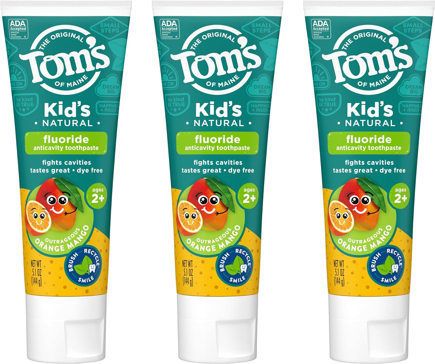 Tom's of Maine ADA Approved Fluoride Children's Toothpaste, Natural Toothpaste, Dye Free, No Artificial Preservatives, Outrageous Orange Mango, 5.1 oz. 3-Pack (Packaging May Vary)