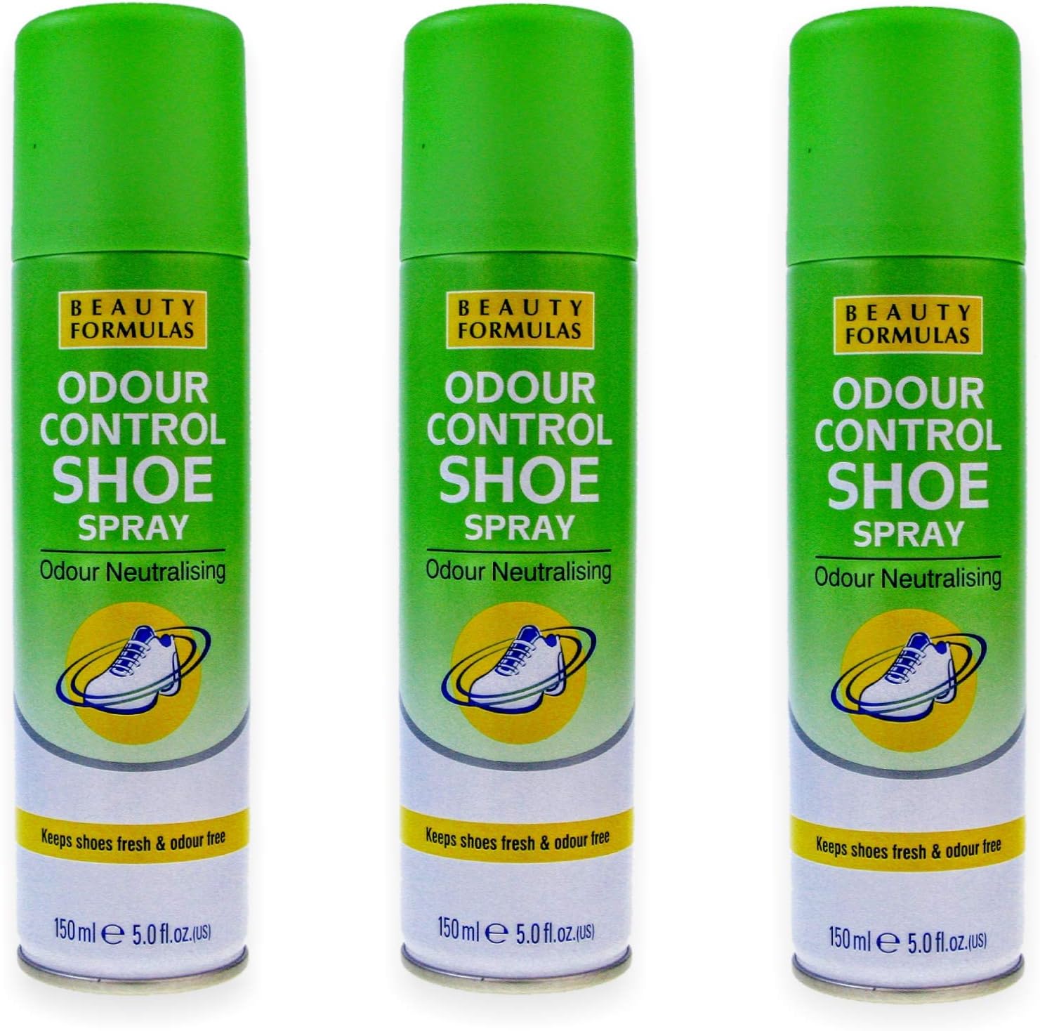 Beauty Formulas Odour Control Shoe Spray, 150ml Can. Antibacterial & Anti-fungal. (Pack of 3)