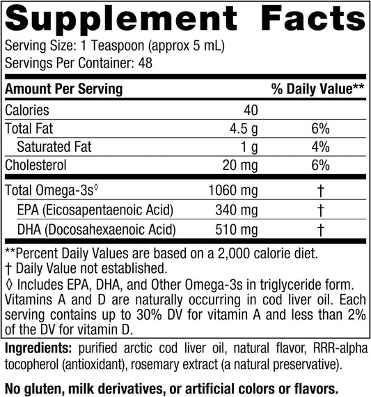 Nordic Naturals Arctic Cod Liver Oil, Lemon - 8 oz - 1060 mg Total Omega-3s with EPA & DHA - Heart & Brain Health, Healthy Immunity, Overall Wellness - Non-GMO - 48 Servings