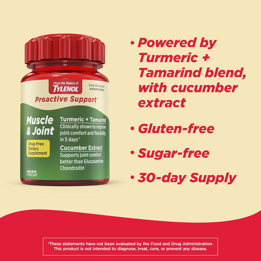 Tylenol Proactive Support* Muscle & Joint Supplements, Drug Free, Tamarind + Turmeric Supplement + Cucumber Extract To Improve Joint Comfort & Flexibility*, 30 Ct
