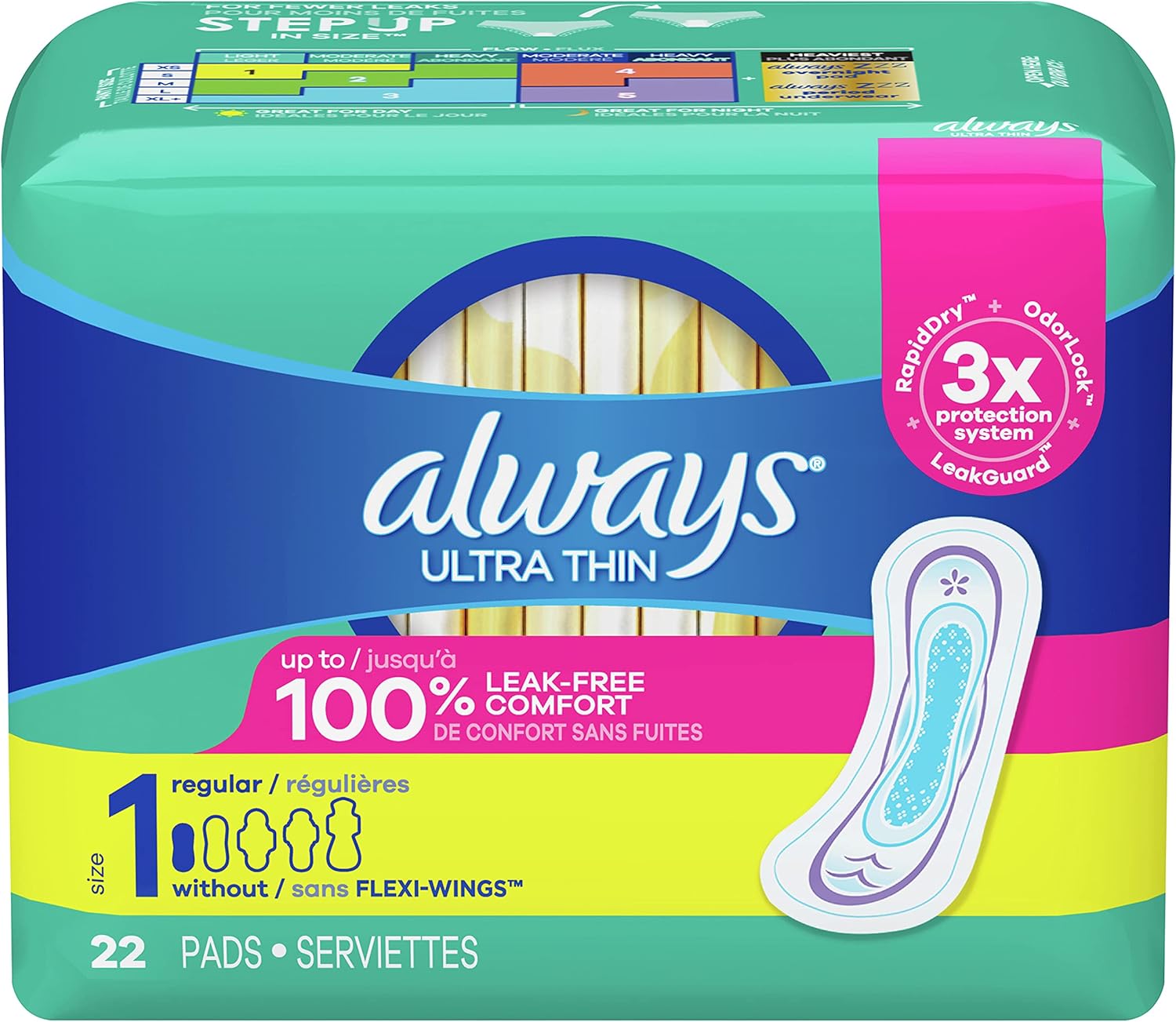 Always Ultra Thin Regular Without Wings, Unscented Pads, Multicolor, 22 Count (Pack of 4)