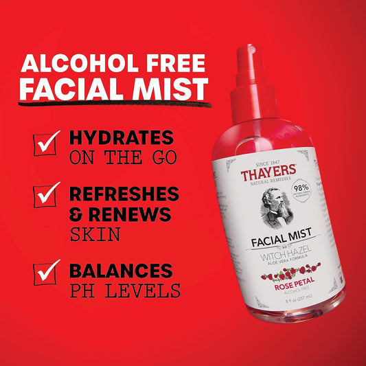 Thayers Alcohol-Free Witch Hazel Facial Mist Toner With Aloe Vera, Rose Petal, Soothing And Hydrating, For All Skin Types, 8 Oz