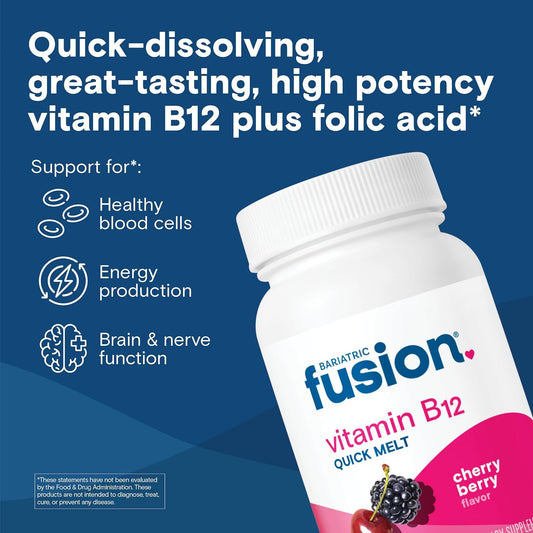 Bariatric Fusion Vitamin B12 Sublingual 1000 Mcg Melts | Cherry Berry Flavored | Vitamin B12 Dissolve Under Tongue Tablets With Folic Acid | Sugar Free | Methylcobalamin | 90 Count
