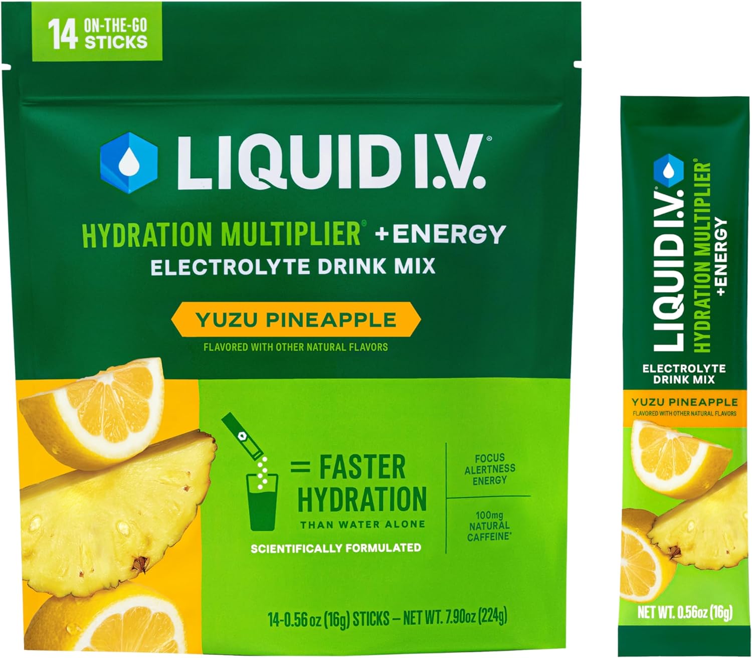 Liquid I.V.® Hydration Multiplier® +Energy - Yuzu Pineapple - Hydration Powder Packets | Electrolyte Powder Drink Mix | Convenient Single-Serving Sticks | Non-Gmo | 14 Servings (Pack Of 1)